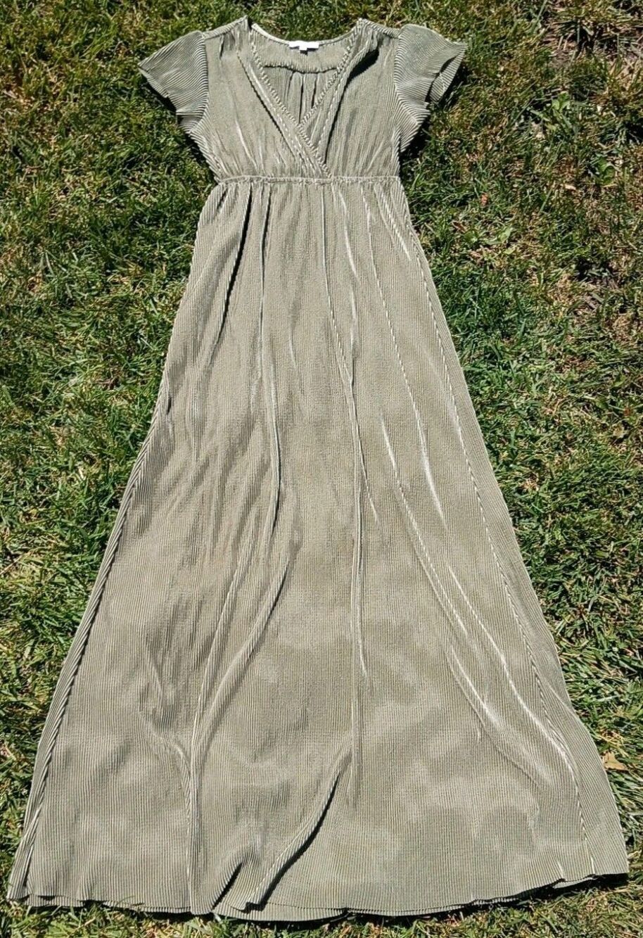 Baltic Born Olive Green Metallic Pleated Maxi Dress S Cottage Wedding Guest NWOT